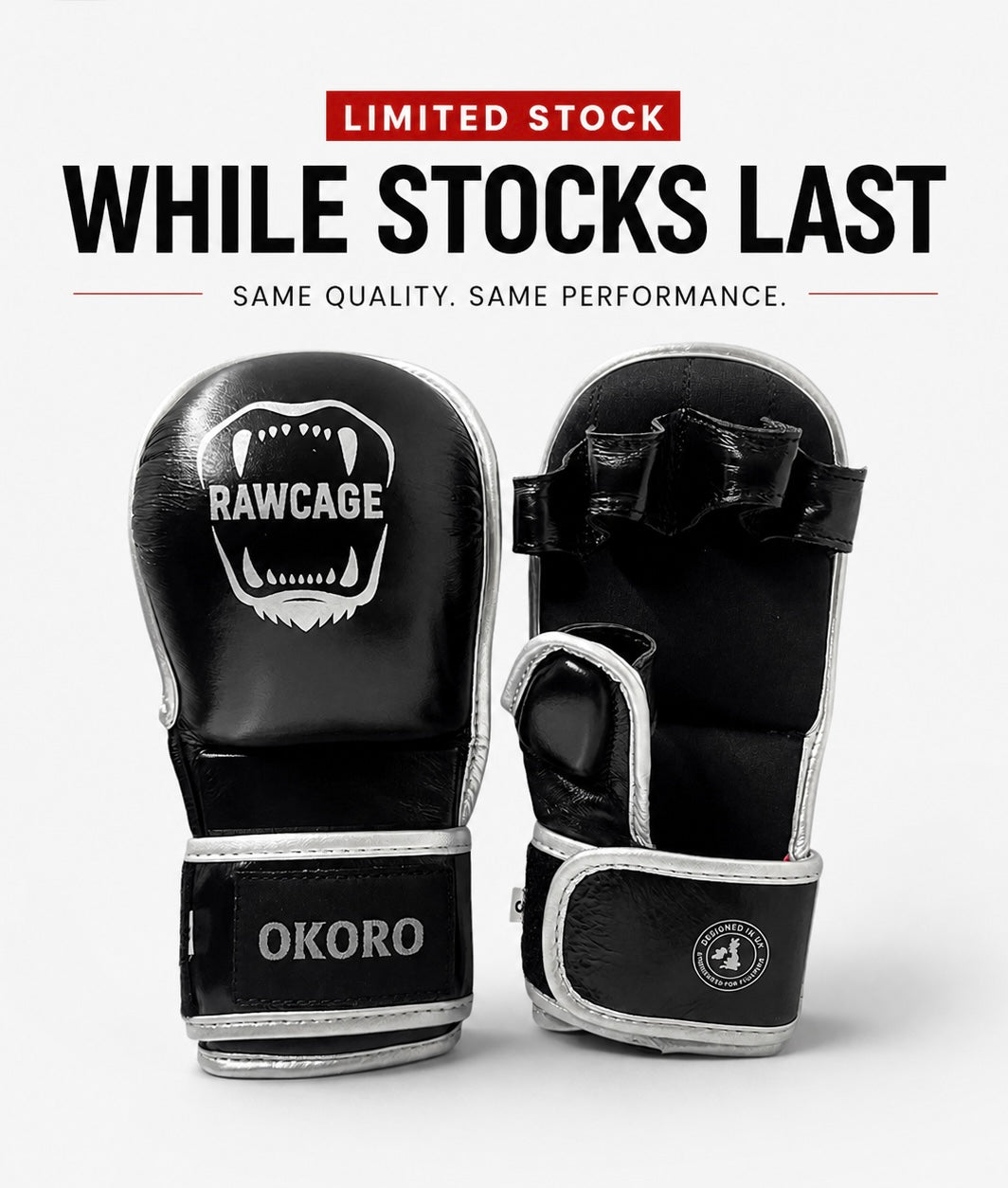 RAWCAGE OKORO Cowhide Leather MMA Gloves BLACK/SILVER