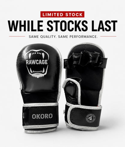 RAWCAGE OKORO Cowhide Leather MMA Gloves BLACK/SILVER