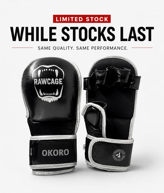 RAWCAGE OKORO Cowhide Leather MMA Gloves BLACK/SILVER