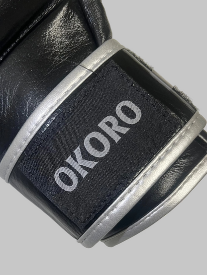 RAWCAGE OKORO Cowhide Leather MMA Gloves BLACK/SILVER